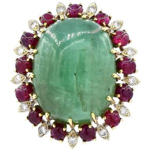 Green Emerald, Ruby and Diamond Brooch Pin
