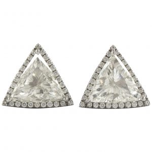 3.18CTW Diamond Triangle Cut J, SI2 Halo Stud Earrings 18K White Gold