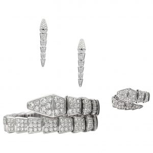 Bulgari Serpenti Set Earrings, Ring, and Bracelet 18 Karat Gold Pave Diamonds
