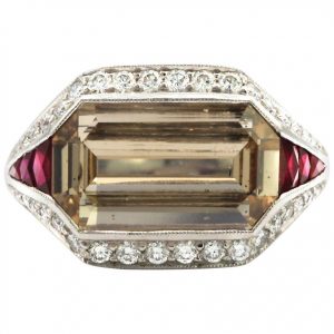5.00 Carat Emerald Cut Diamond with Rubies in Platinum Ring