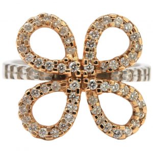 Flower Shaped Ring with White Pave Diamonds .41ct 18K White and Rose Gold