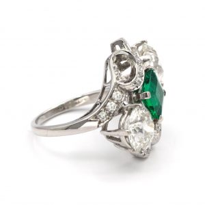 Three Stone Green Emerald and Diamonds Platinum Ring