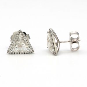 3.18CTW Diamond Triangle Cut J, SI2 Halo Stud Earrings 18K White Gold