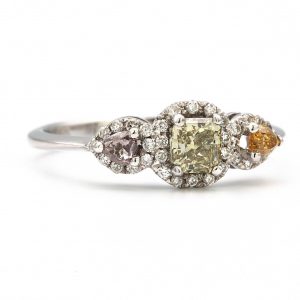 Three-Stone Multicolored 18 Karat White Gold Ring