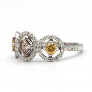 Three-Stone Yellow and Pink Diamond 18 Karat White Gold Ring