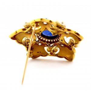 Fleur-de-Lis Blue Enamel, Pearls and Old Cut Diamonds Brooch Pin