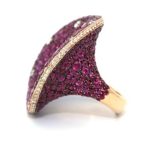Ruby, Sapphire and Diamond 18 Karat Rose Gold Cocktail Ring By Silhouette