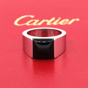 Cartier 18k White Gold Tank Black Onyx Unisex Size 10.25 Eu 62 Ring