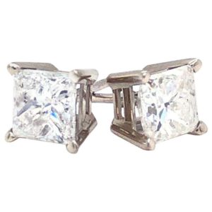 1.45 Carat Princess Cut Diamond Basket Stud Earrings in 14 Karat Gold Screw Back
