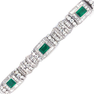 Diamond and Colombian Emeralds French Platinum Deco Bracelet Rubell Frers