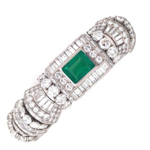 Diamond and Colombian Emeralds French Platinum Deco Bracelet Rubell Frers